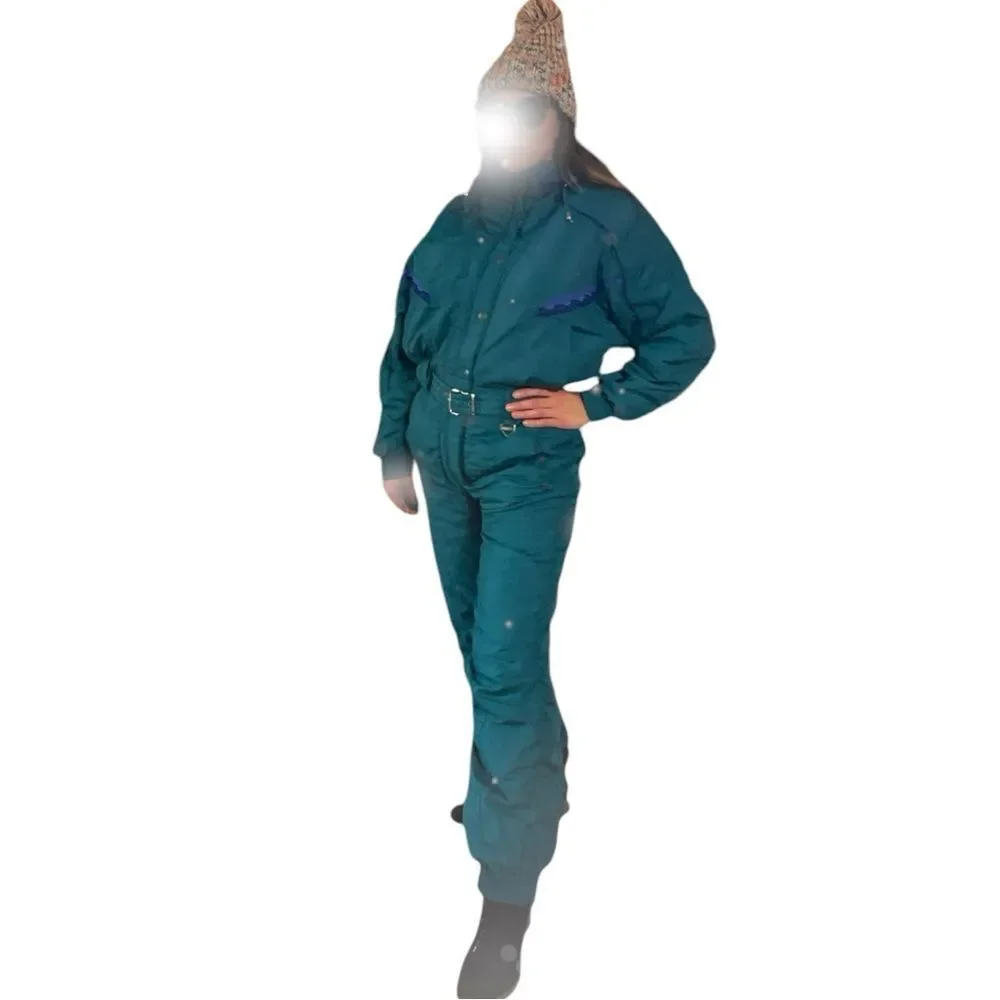Vintage Women's Ski Suit 90’s. Snowsuit belted one-piece. skisuit snow jumpsuit